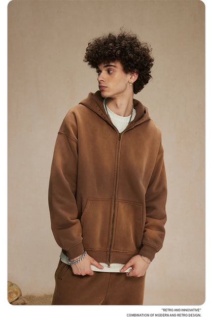 ZODF Retro Winter Men Spray-Dyed Zipper Hoodies Unisex Loose 360gsm Zipper Fleece Hooded Sweatshirt Pullovers Coats HY0719