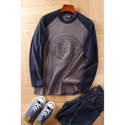 Summer New American Retro Long-sleeved O-neck 3D Letter Printed T-shirt Men's Fashion Simple 100%Cotton Washed Casual Sport Tops