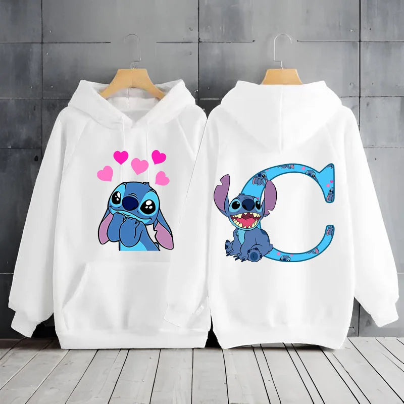 2025 Women's Winter Jacket Cute Kawaii Disney Lilo & Stitch Lucky Letter Print White Hoodie Fashion Couple Streetwear Sportswear