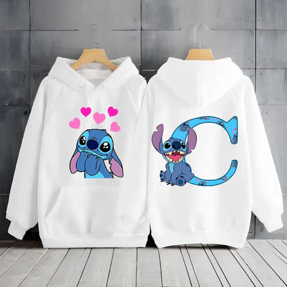 2025 Women's Winter Jacket Cute Kawaii Disney Lilo & Stitch Lucky Letter Print White Hoodie Fashion Couple Streetwear Sportswear