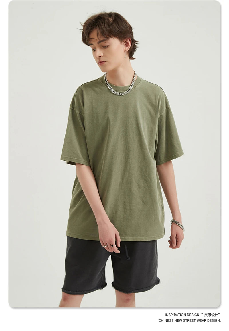 ZODF Men 2024 Retro Summer Washed Solid Cotton T-Shirts Unisex Retro Loose High Street 250gsm Basic Tees Streerwears HY0075