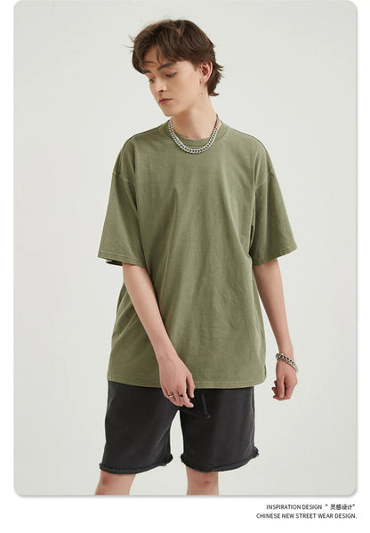 ZODF Men 2024 Retro Summer Washed Solid Cotton T-Shirts Unisex Retro Loose High Street 250gsm Basic Tees Streerwears HY0075