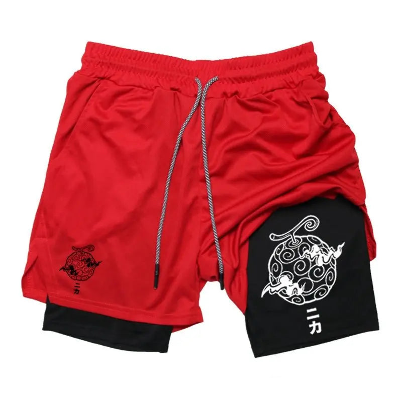 One Piece Nika Anime Men Gym Shorts Streetwear Casual Double-layer Sports Pants Graphic Print Elastic Waist Summer Sportswear