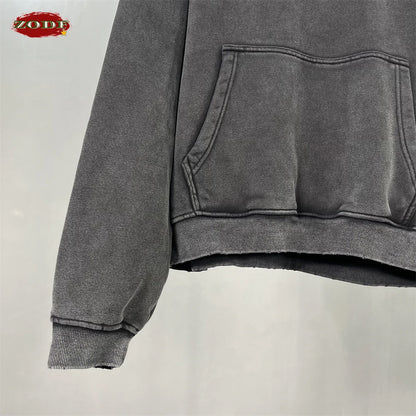 ZODF Retro Winter Washed 370gsm Man's Fleece Hoodie Unisex Distressed Thick Warm Buttons Hooded Pullovers Coats HY1169