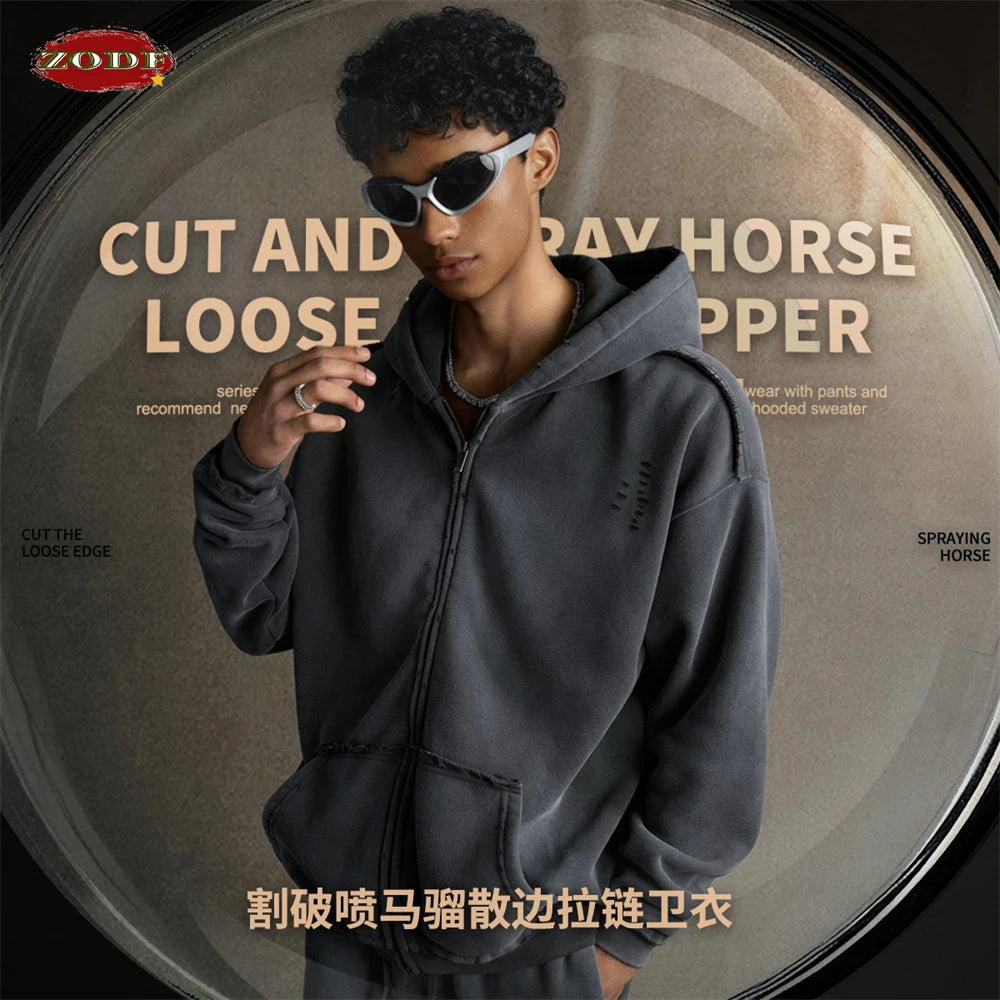 ZODF Retro Winter Men 400gsm Monkey Washed Zipper Hoodie Unisex High Street Loose Edge Ripped Distressed Hooded Pullovers HY1117