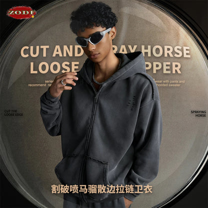 ZODF Retro Winter Men 400gsm Monkey Washed Zipper Hoodie Unisex High Street Loose Edge Ripped Distressed Hooded Pullovers HY1117