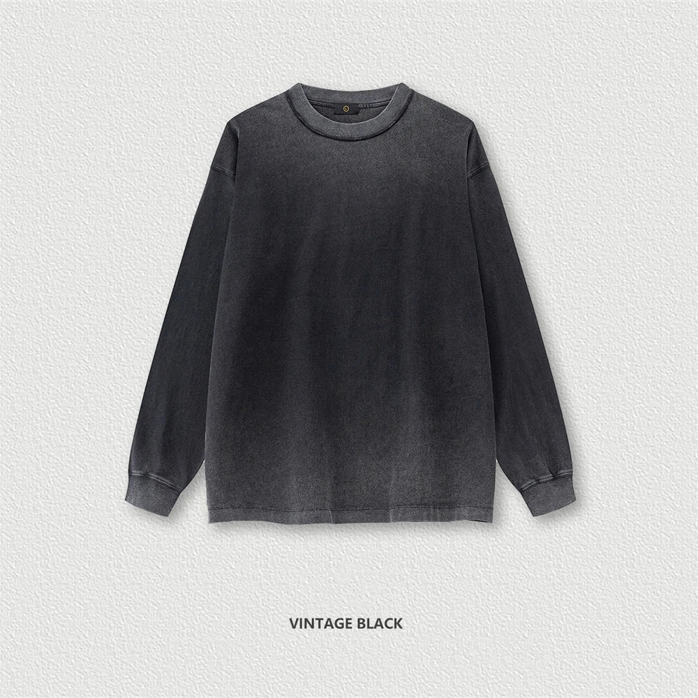 ZODF 2024 Autumn Men’s Oversized Washed Cotton Long Sleeve O-Neck T-Shirt 250gsm HY0921 - black / XXL / China Mainland