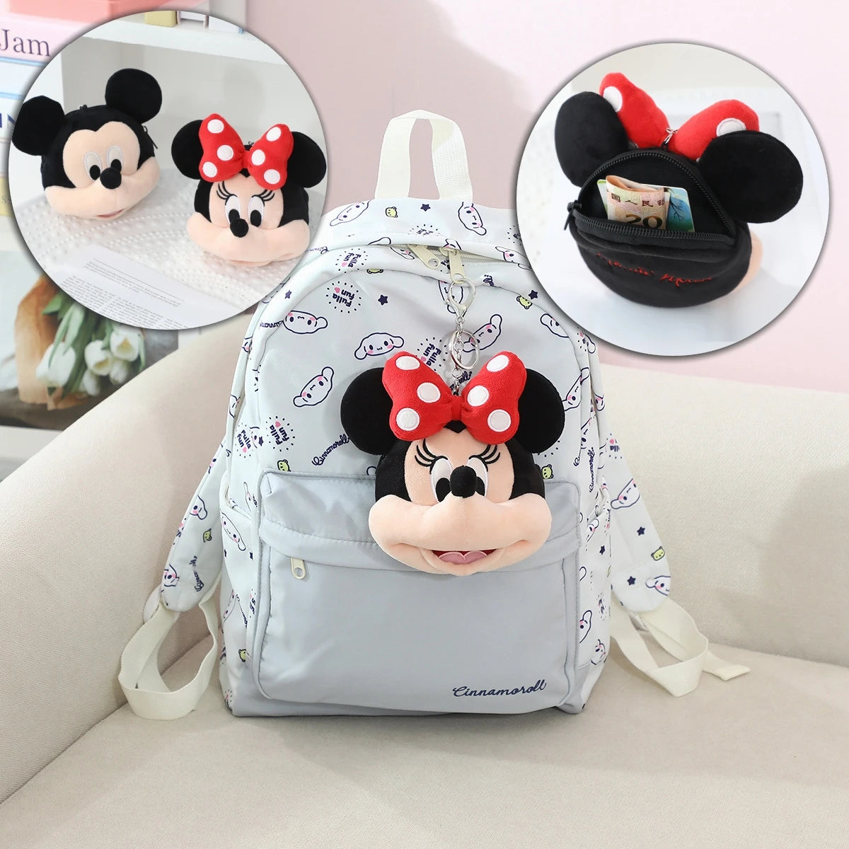 Cartoon Minnie Mouse Coin Purse Bag Pendant Plush Toy Mickey Lovely Earphone Storage Bag Kawaii Stuffed Anime Doll Gifts Girl