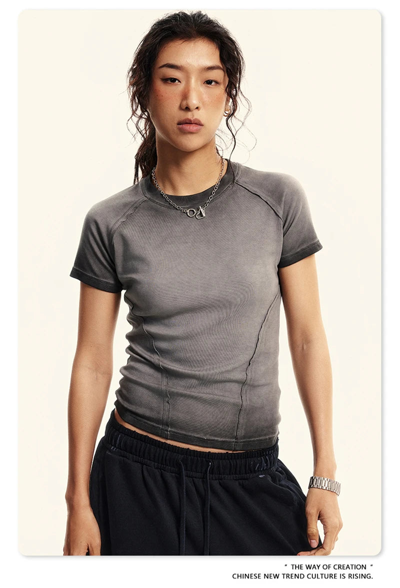 ZODF 2024 Summer Hotweet Washed T Shirt For Women Girls Gradient Raglan Sleeve Comfortable Short Tees Brand Tees HY0826