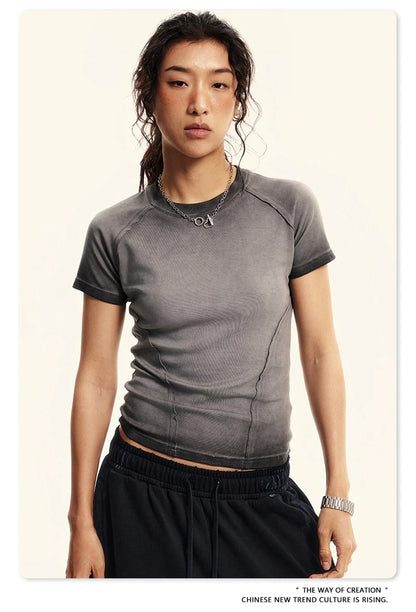 ZODF 2024 Summer Hotweet Washed T Shirt For Women Girls Gradient Raglan Sleeve Comfortable Short Tees Brand Tees HY0826