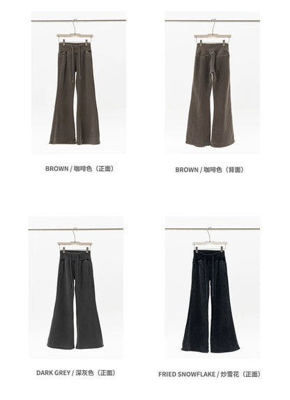 ZODF Retro Winter Women 400gsm Fleece Flared Pants Casual Girls Female Slim Fit Warm Washed Distressed Trousers HY1142