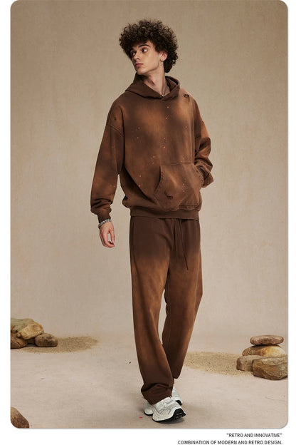 ZODF Autumn Winter Spray Dyeing Ink Splashing Hoodies For Men Unisex 450gsm Washed Oversized Knitted Hooded Pullovers HY0908