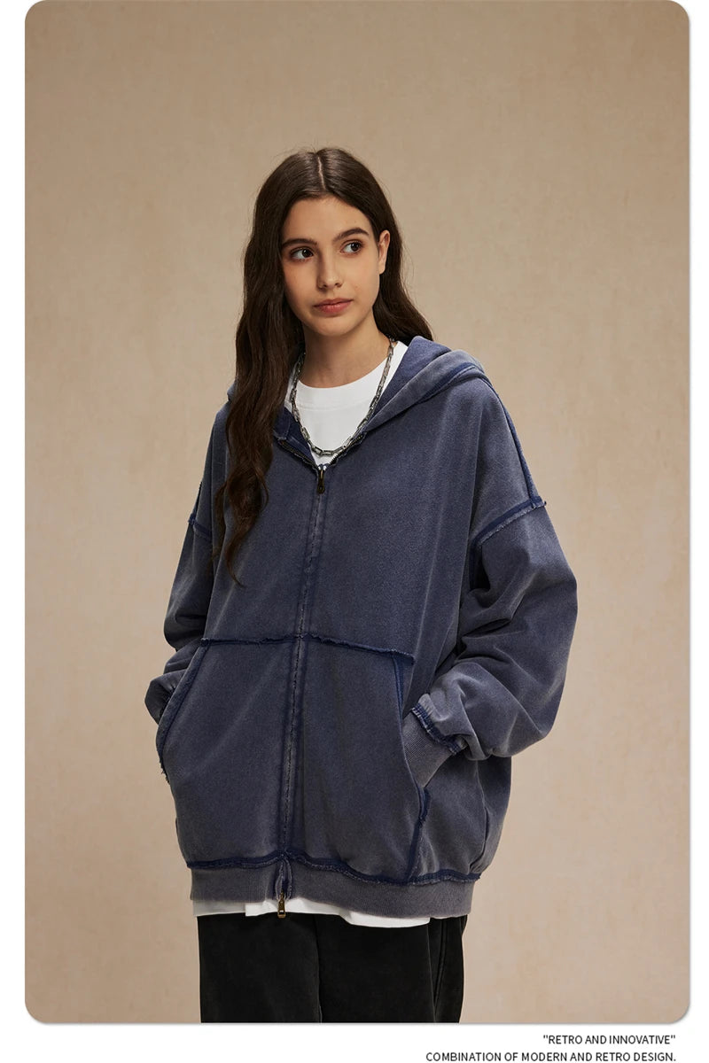 ZODF Retro Men's Heavyweight 450gsm Zipper Hoodies Unisex Loose Distressed Washed Batik Knitted Hooded Coat Jacket HY0889