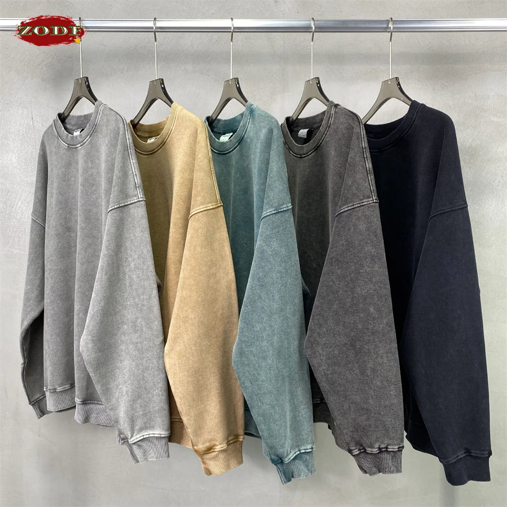 ZODF Retro Autumn Men Batik Washed Cotton Sweatshirts Unisex Loose 420gsm Terry O Neck Pullovers Streetwears HY0665