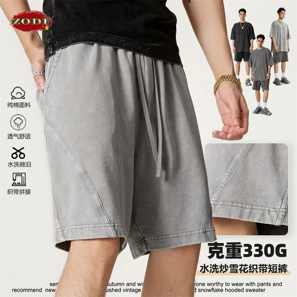ZODF New Men Fire Snowflake Washed 330gsm Shorts Unisex High Street Summer Distressed Sport Cotton Shorts HY1028