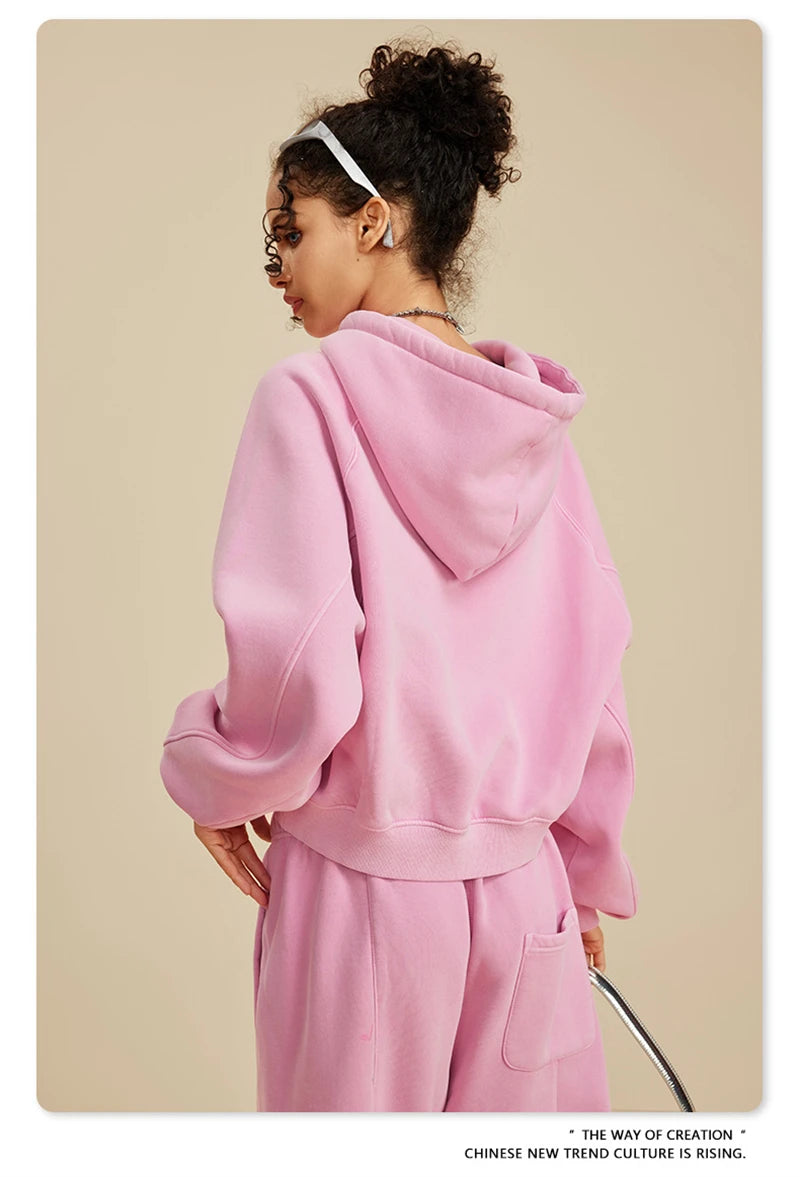 ZODF Women Hotsweet 2025 Winter Washed Fleece Crop Hoodies Girls Oversized Raglan Sleeve 400gsm Hooded Pullovers HY0648