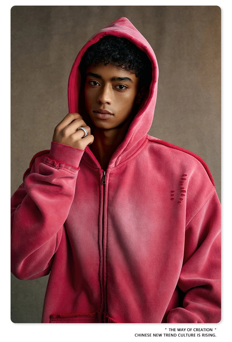 ZODF Retro Winter Men 400gsm Monkey Washed Zipper Hoodie Unisex High Street Loose Edge Ripped Distressed Hooded Pullovers HY1117