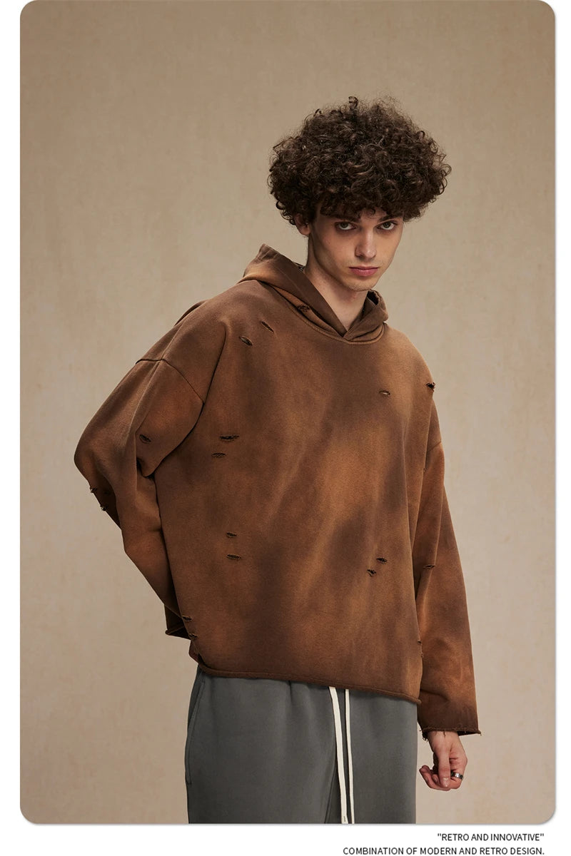 ZODF New Autumn Winter Men Monkey Washed Hoodies Unisex Disstressed Ripped Heavyweight Knitted 450gsm Hooded Pullovers HY0909