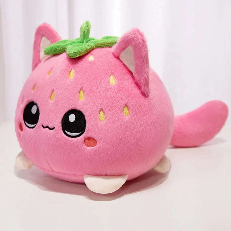 Kawaii Strawberry Cat Plush Toy Cute Pink Cat Stuffed Animal Cuddly Doll Soft Cartoon Plushies Birthday Gift for Girl Home Decor