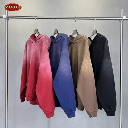 ZODF Retro Men's Heavyweight Gradient Washed Hoodies Unisex Loose Distressed Holes 450gsm Knitted Hooded Pullovers HY0891