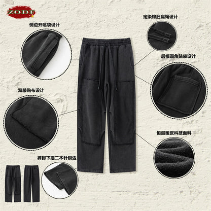ZODF Fashion 2024 Winter Patches Fleece Straight Pants Retro Unisex Loose Washed 305gsm Warm Soft Trousers Brand Bottoms HY0872