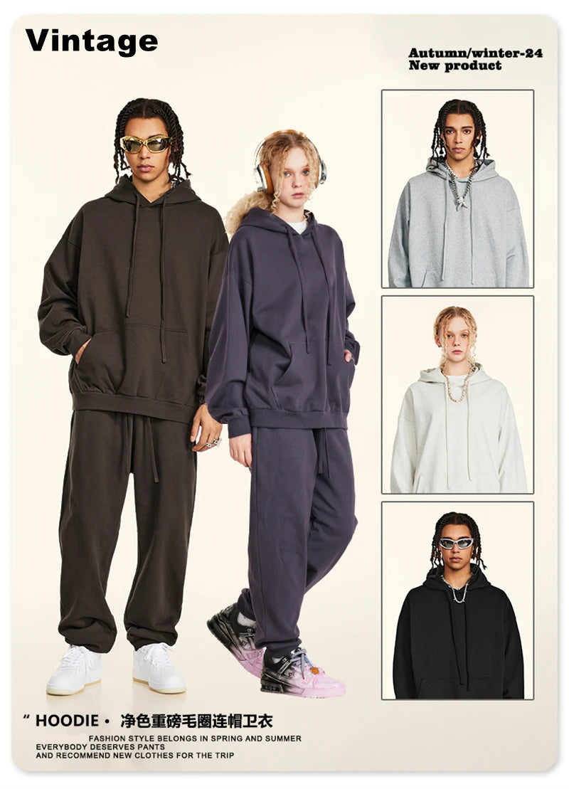 ZODF New Autumn Winter Solid Heavy Weight Hoodies For Men Unisex Basic Loose 440gsm Knitted Hooded Pullovers HY0886