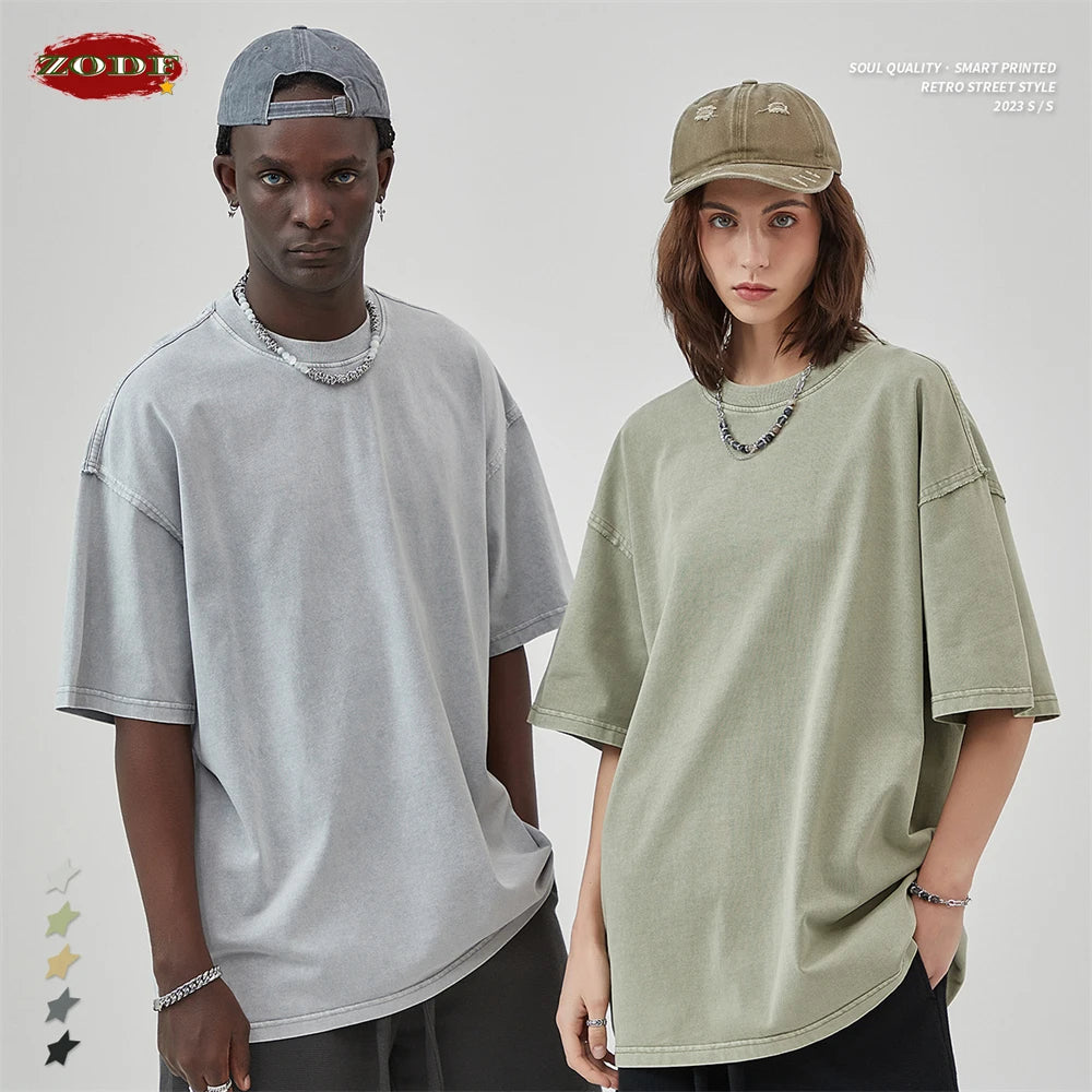 ZODF New Spring Summer Washed Cotton Solid T Shirts For Men Unisex High Street Loose Edge Oversized Noshrink T-Shirt Tee HY0465