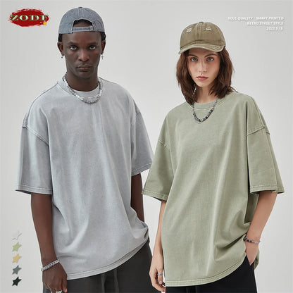 ZODF New Spring Summer Washed Cotton Solid T Shirts For Men Unisex High Street Loose Edge Oversized Noshrink T-Shirt Tee HY0465