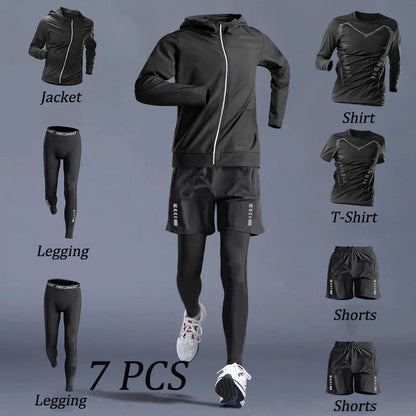 Autumn 5-7 Pcs Men’s Sports Suit Running Training Wear Quick Dry Fitness Cycling Sportswear Outwear - Ke 7 PCS / 3XL