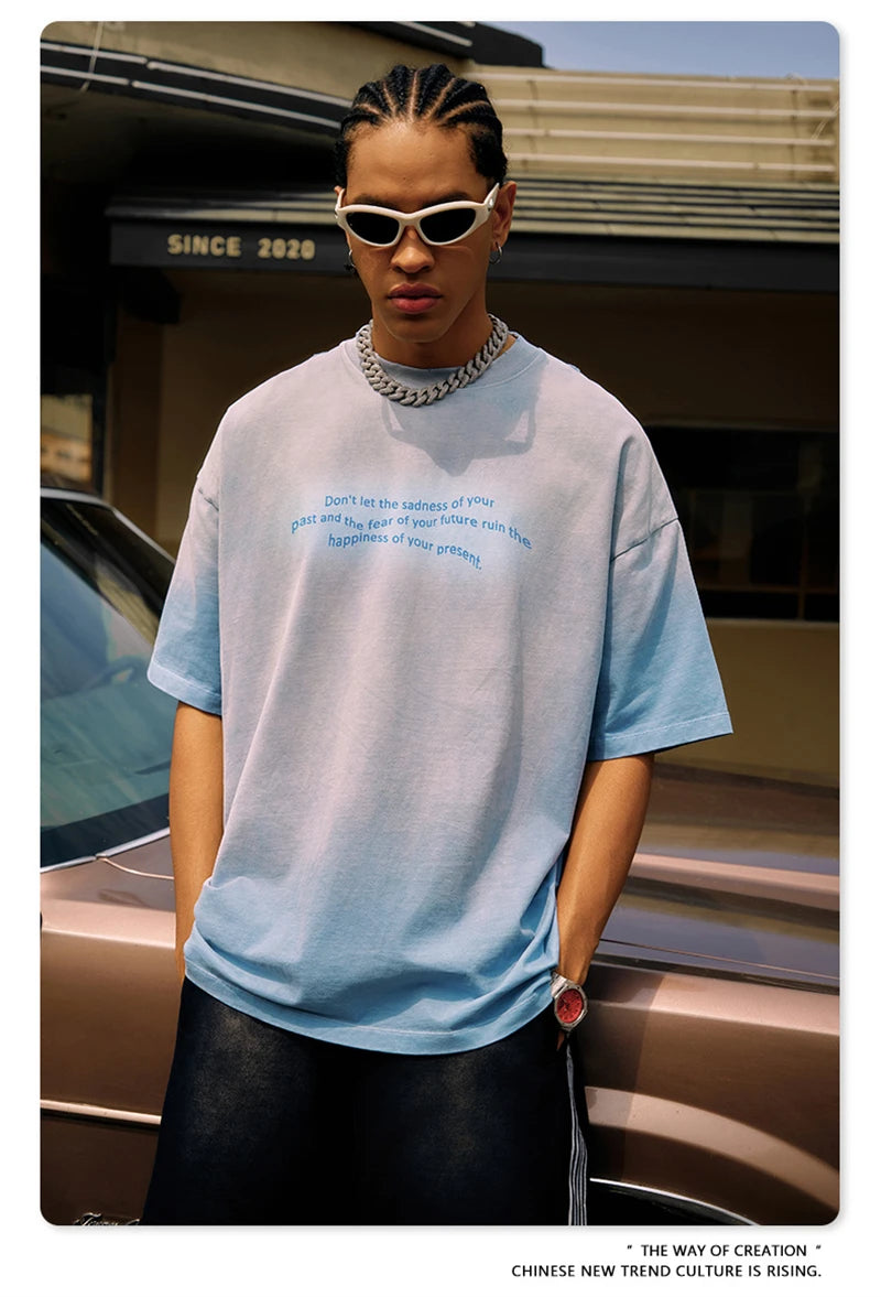 ZODF Summer High Street Printing T-Shirts For Men Unisex Retro Washed 250gsm Ripped Cotton T Shirt Brand Tops HY0858