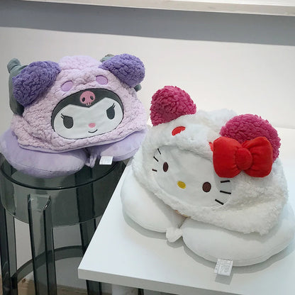 Stuffe Anime Hooded U-shaped Neck Pillow Hello Kitty Kuromi My Melody Travel Blackout Neck Pillow Office Nap Pillow Girl