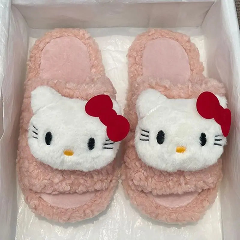 New Sanrio Sweet Hello Kitty Warm Cotton Slippers For Student Dormitory Comfortable One Word Hairy Adult Cotton Slippers