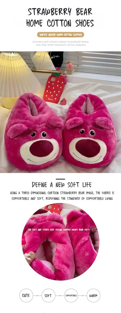 Disney Winter New Cute Cartoon Strawberry Bear Adult Home Cotton Shoes Indoor Floor Plush Warm Cotton Slippers Gift For Girls