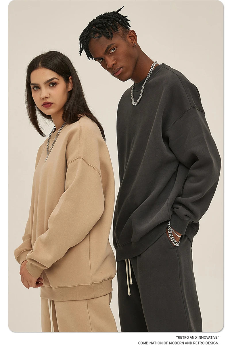 ZODF New 2025 Winter 350gsm Fleece Sweatshirts For Men Unisex Casual Loose Basic Solid O-Neck Thick Warm Pullovers HY0635