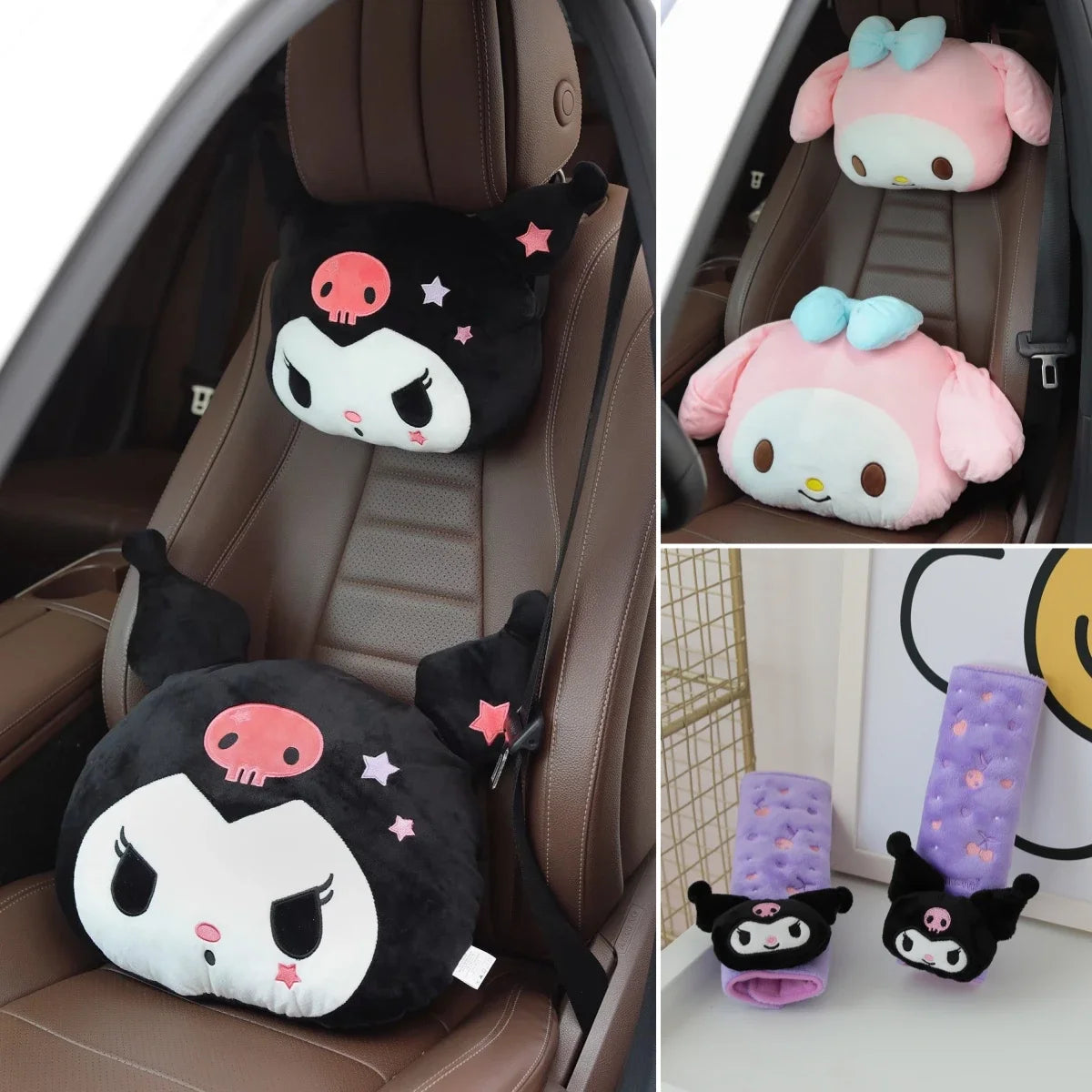 Kuromi My Melody Pillow Stuffed Anime Kuromi Car Headrest Safety Seat Belt Cover Cushion Cartoon Car Decoration Girl Gifts
