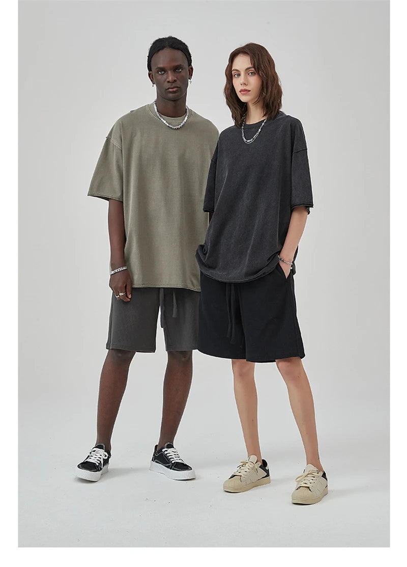 ZODF 2025 High Street Men Batik Washed Solid T Shirts Unisex Summer Loose Edge Noshrink 275gsm Cotton T-Shirt Streetwears HY0466