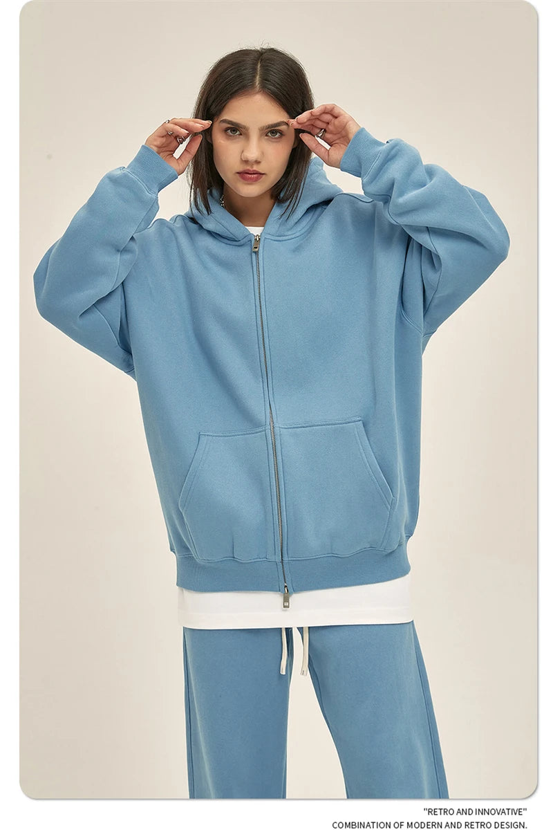 ZODF New Men Double Headed Zipper Fleece Hoodies Unisex Loose Basic Solid Warm Hooded Sweatshirts Coats For Winter HY0633