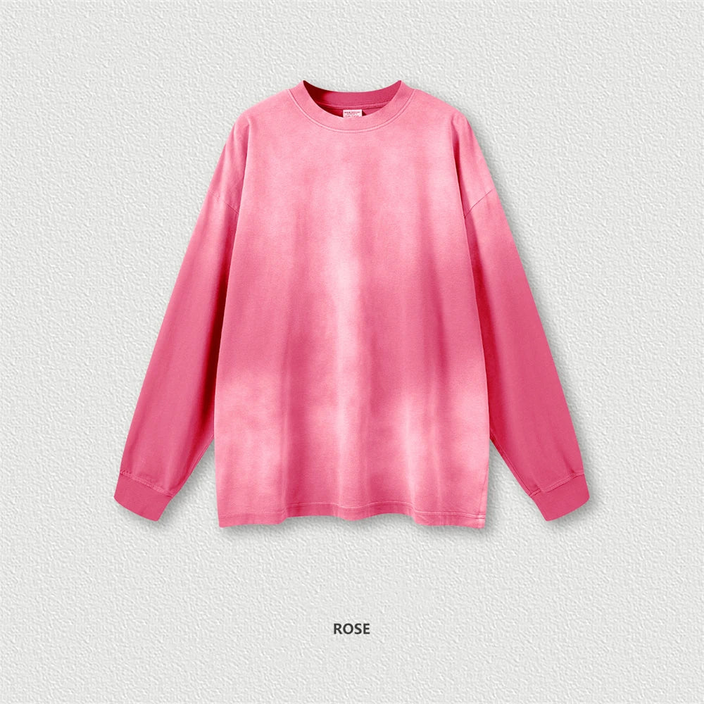ZODF Retro Monkey Washed 260gsm Cotton Full Sleeve Loose High Street T-Shirt for Men Unisex HY0406 - Rose Pink / S