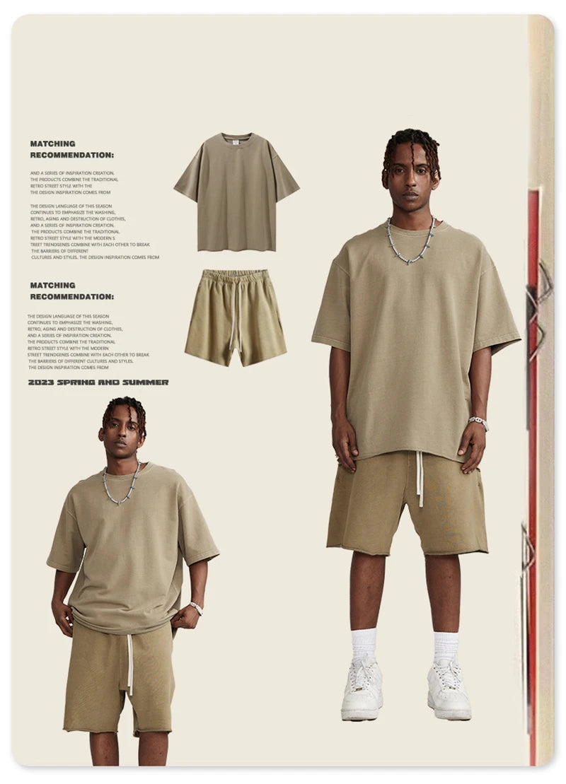 ZODF New Summer Men Retro Washed Shorts Unisex Drawstring Loose Edge 420gsm Solid Knee Length Cotton Pants Streetwears HY0589