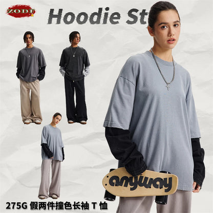 ZODF Retro Fake 2-Piece Cotton T-Shirts For Man Unisex Distressed Full Sleeve Washed O Neck T Shirt Brand Tees HY1156