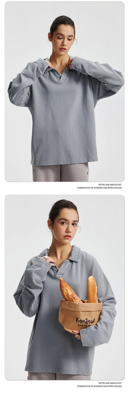 ZODF Retro Heavy Weight 400gsm Washed Cotton T-Shirts For Man Unisex Full Sleeve Turn Down Collar T Shirt Brand Tops HY1087