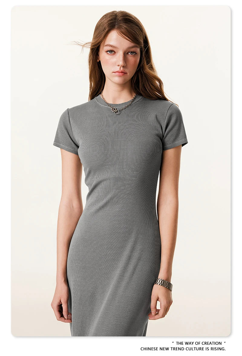 ZODF Sexy 2025 Spring Women 275gsm Long Dress Female Girls O Neck Washed Distressed Slim Slit Fit Dresses HY1008