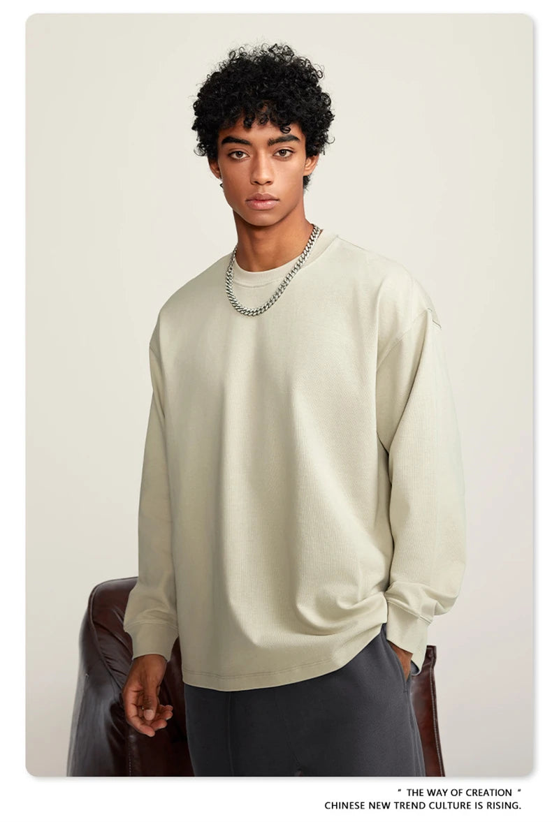 ZODF Autumn Winter 425gsm Long Sleeve T-Shirt American Retro Unisex Loose Heavyweight Basic Cotton T Shirts TEE HY0676