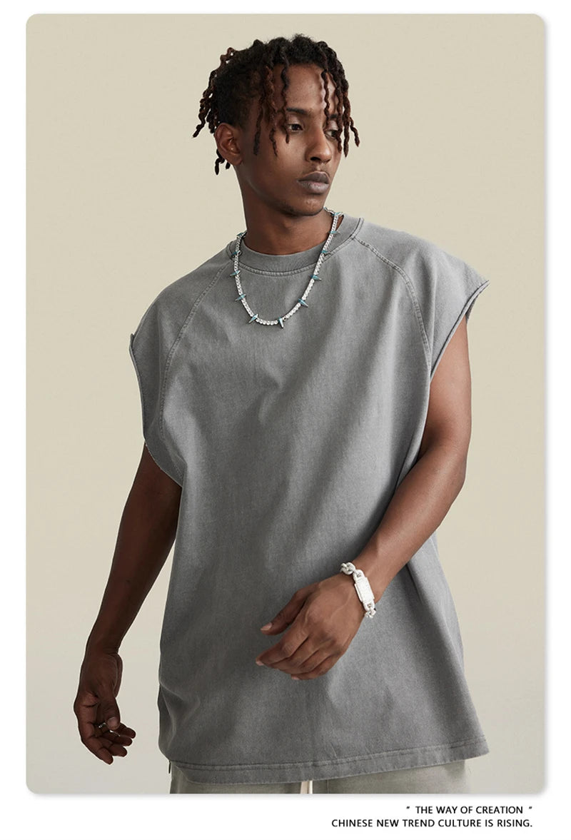 ZODF American Retro Men Washed Solid Tank Tops Women Unisex Loose Edge 275gsm Cotton Sleeveless Tees Brand Streetwears HY0503