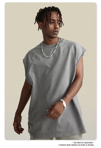 ZODF American Retro Men Washed Solid Tank Tops Women Unisex Loose Edge 275gsm Cotton Sleeveless Tees Brand Streetwears HY0503