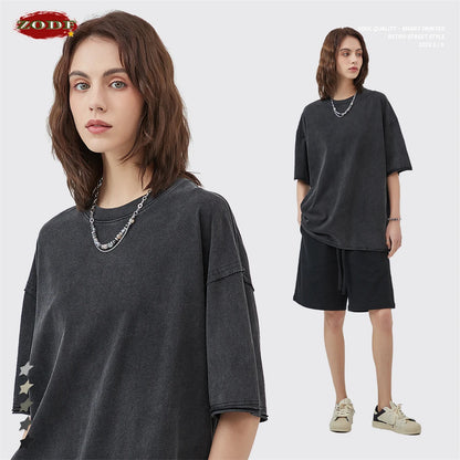 ZODF 2025 High Street Men Batik Washed Solid T Shirts Unisex Summer Loose Edge Noshrink 275gsm Cotton T-Shirt Streetwears HY0466