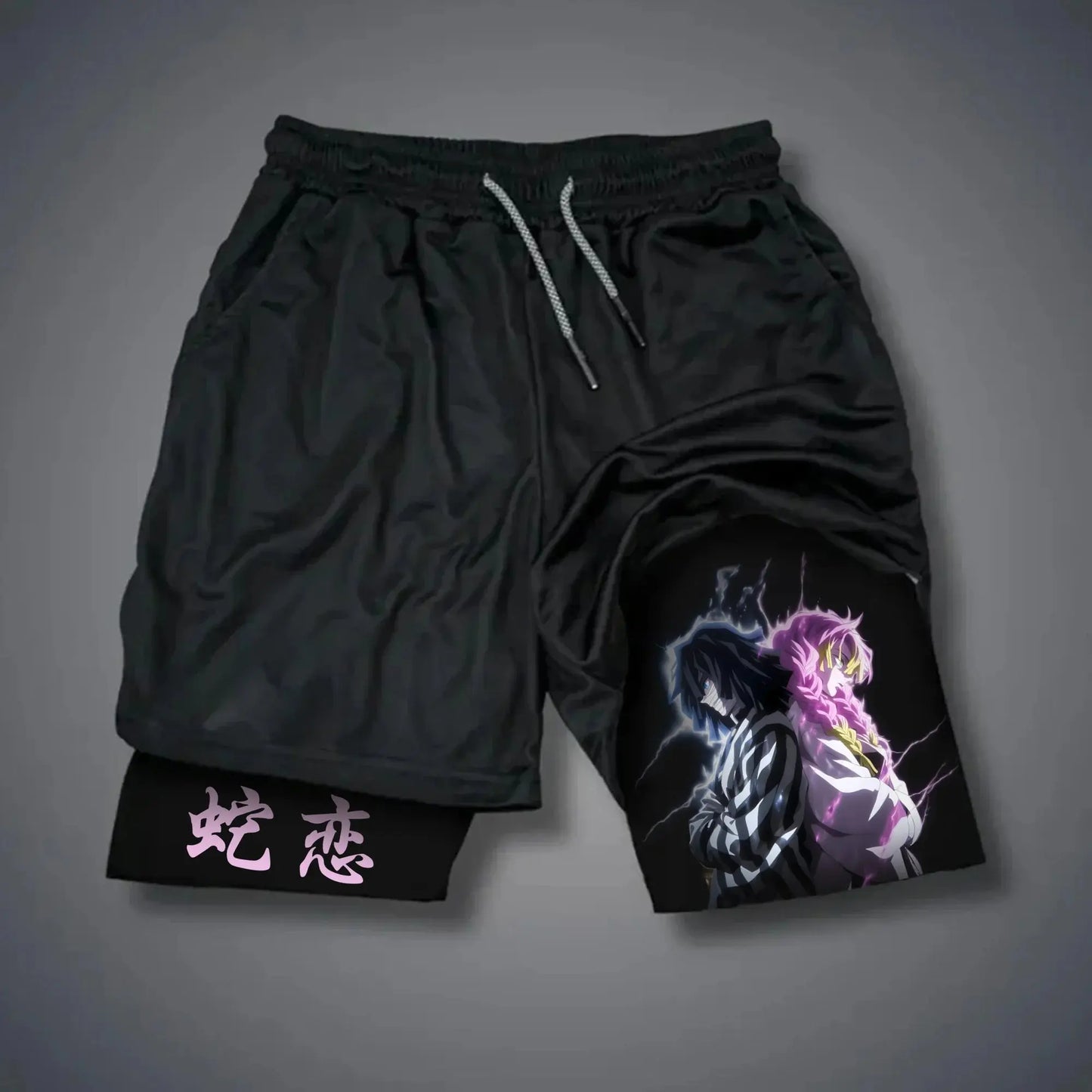Summer Quick Dry Gym Shorts Man Demon Slayer Fashion Anime Print Double-layer Pants Streetwear Sportswear Fitness Beach Pants