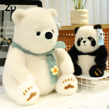Artificial Fluffy Plush Stuffed Animal Cute White Bear Black White Panda Plushies Kawaii Scarf Decor Polar Bear Toys