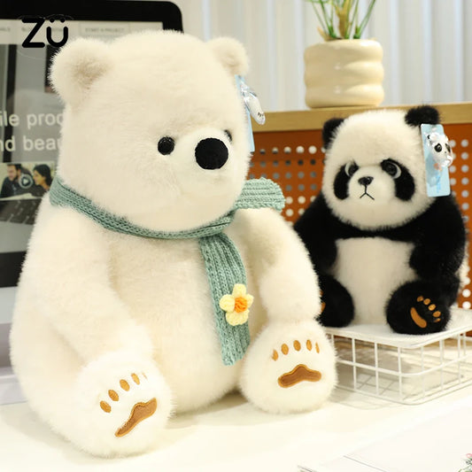 Artificial Fluffy Plush Stuffed Animal Cute White Bear Black White Panda Plushies Kawaii Scarf Decor Polar Bear Toys