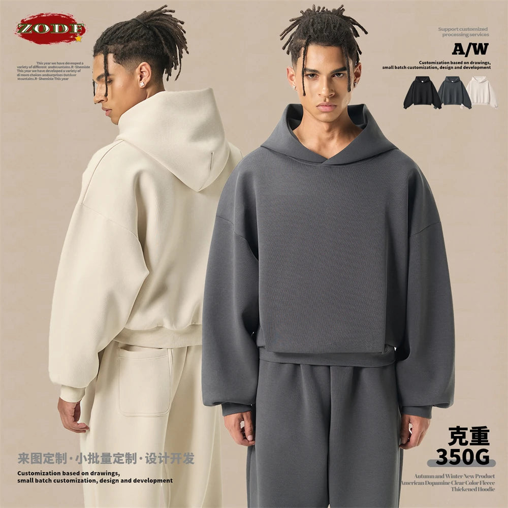 ZODF Trendy Winter 350gsm Solid Fleece Hooded Hoodies For Man Unisex Boxyfit Solid Warm Pullovers Brand Clothing HY0038